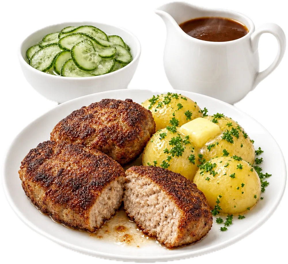 Brune frikadeller med kartofler, brun sovs og agurkesalat