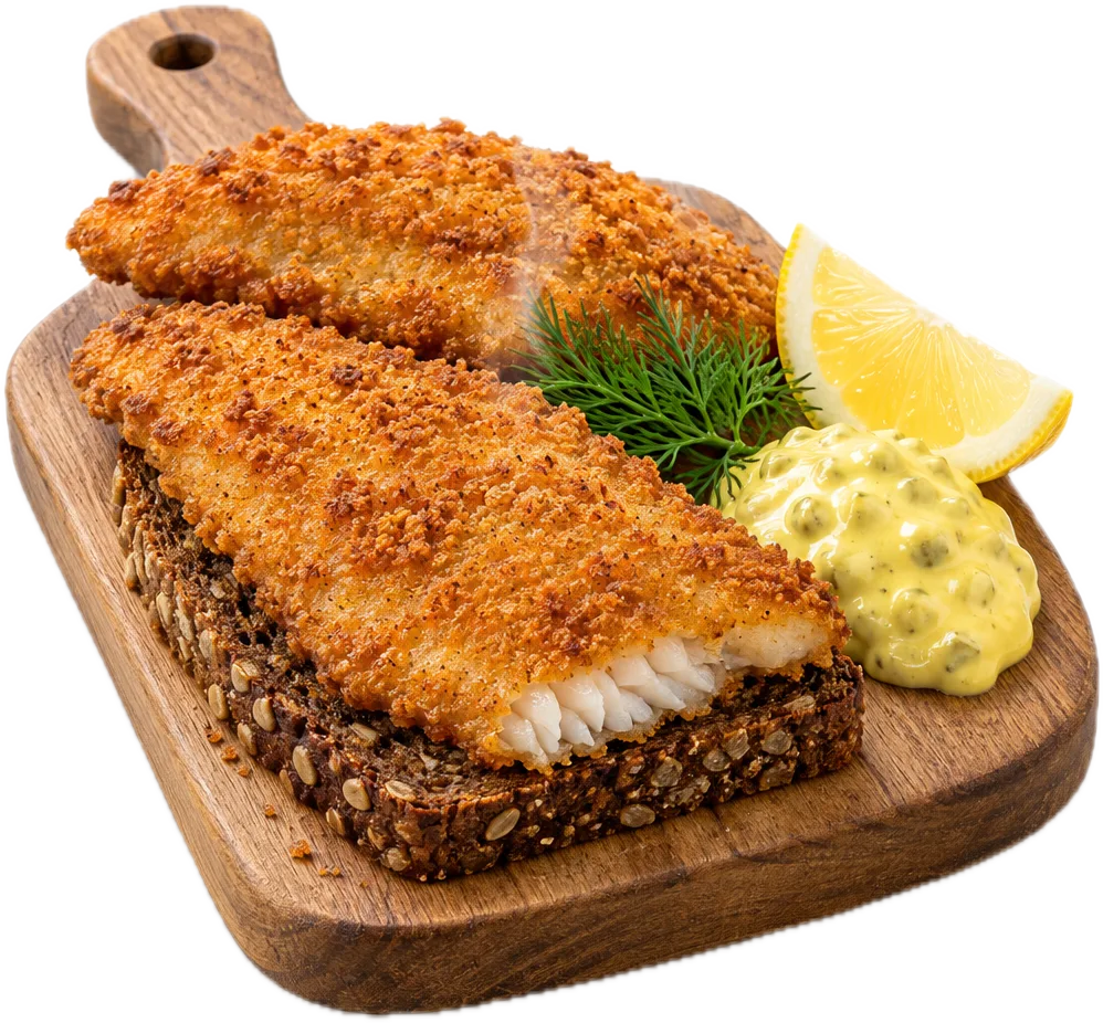 Panerede rødspættefileter på rugbrød med remoulade