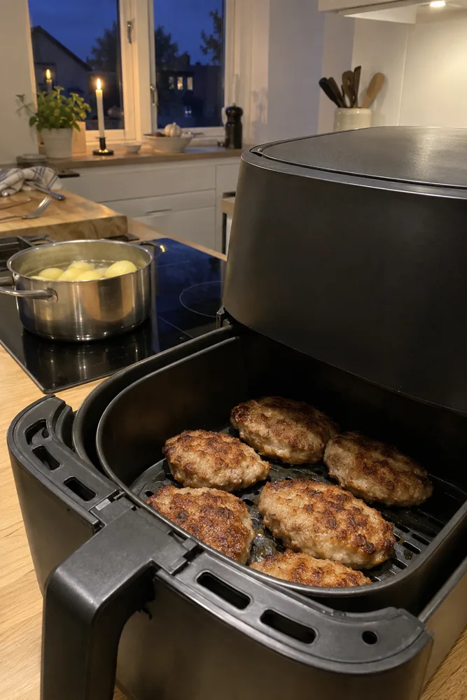 Åben airfryer med frikadeller på køkkenbordet en efterårsaften
