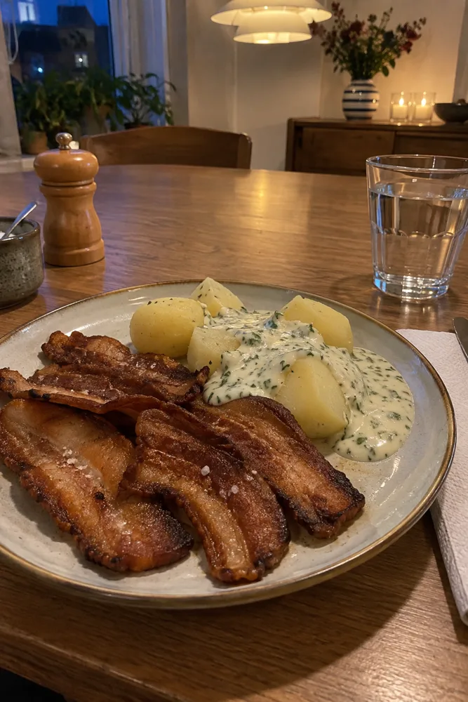 Stegt flæsk med kartofler og persillesovs på spisebordet en hverdagsaften